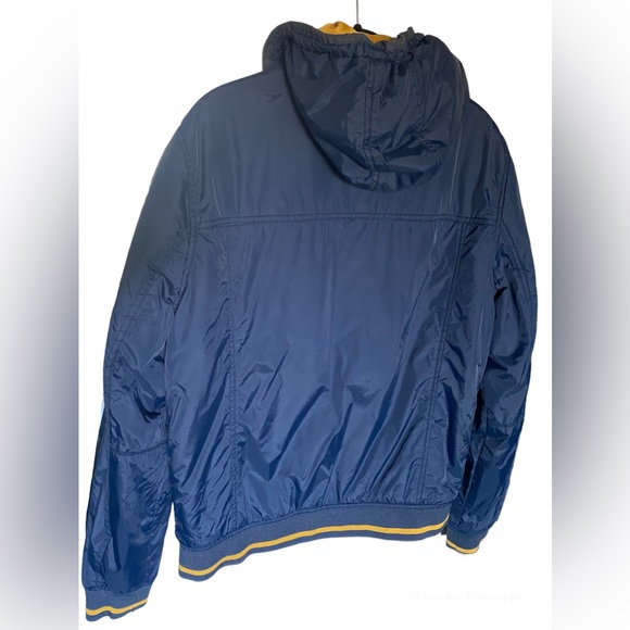 70s Vintage Men’s Jacket Navy Blue Nylon Spring Fall Coat 1970 Yellow Trim Hood - Picture 6 of 9